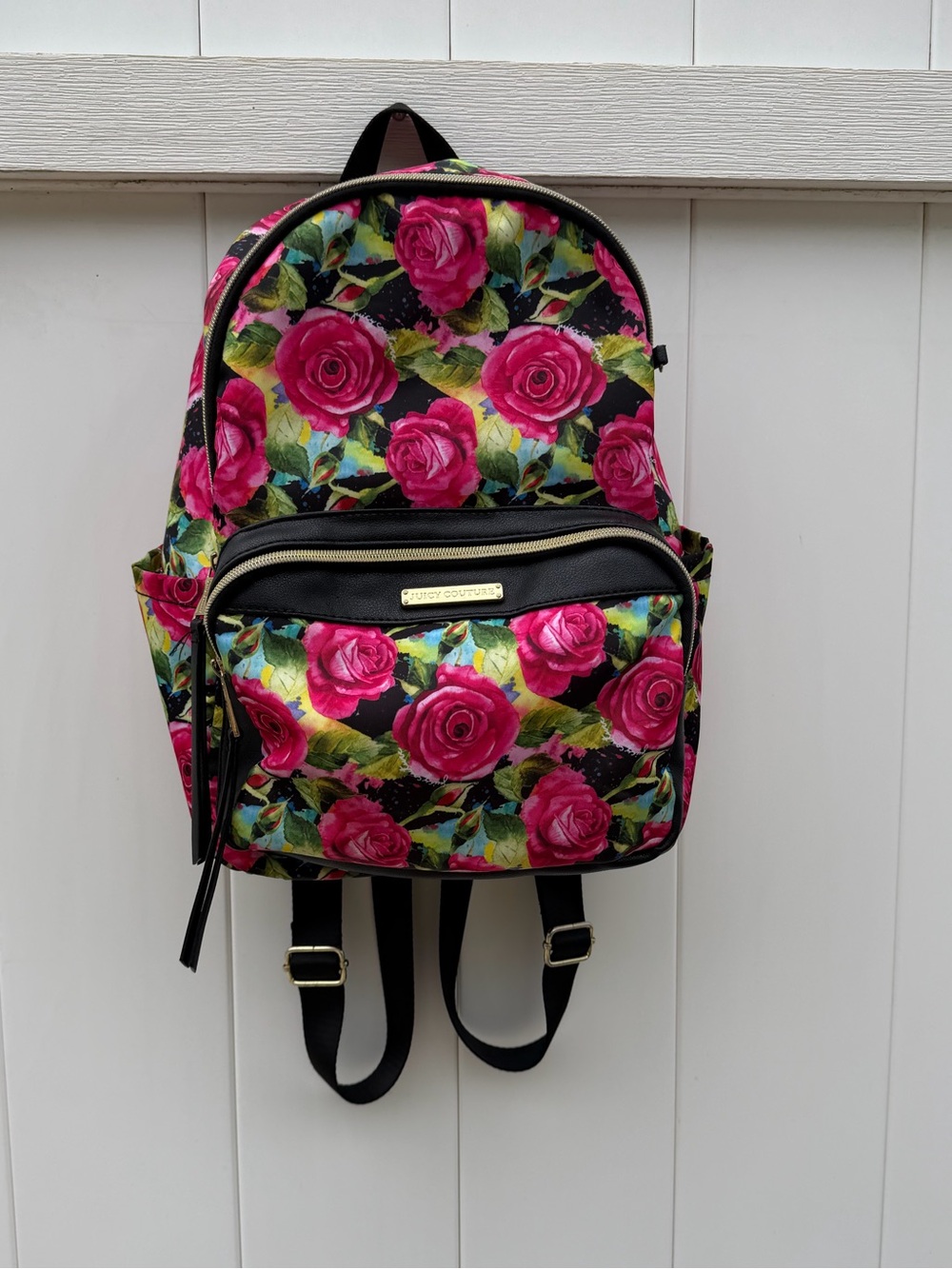 Juicy Couture Pink Rose Print Mini Backpack with Black Trim